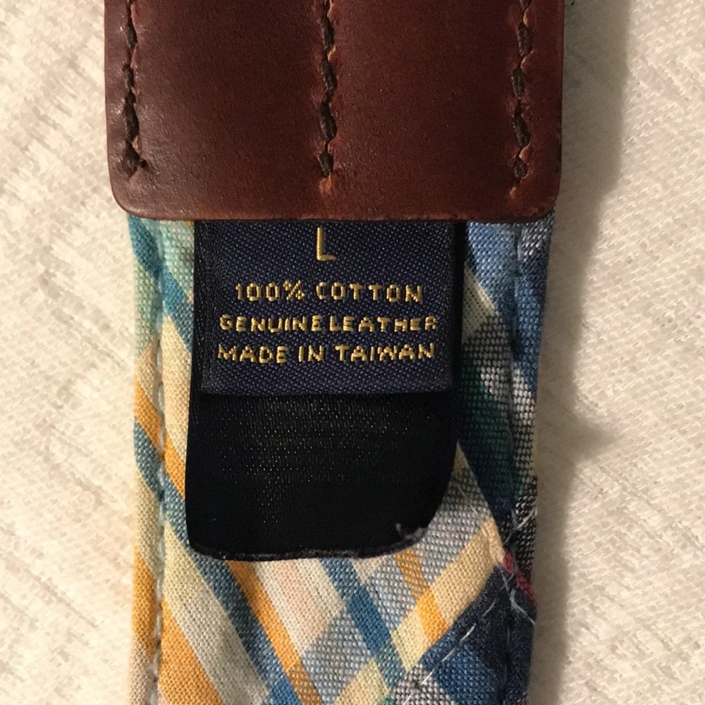 Brooks Brothers Preppy Plaid Fabric Belt with Brown Leather Accents Adjustable